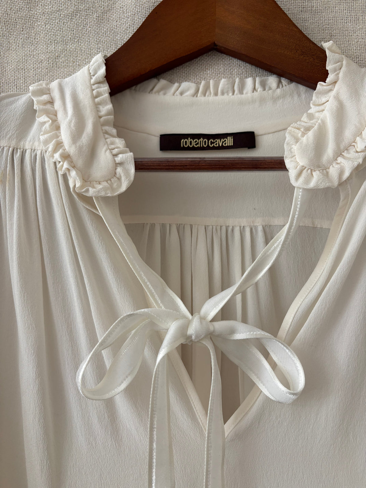 Roberto Cavalli Ivory Silk Ruffle-Trim Blouse