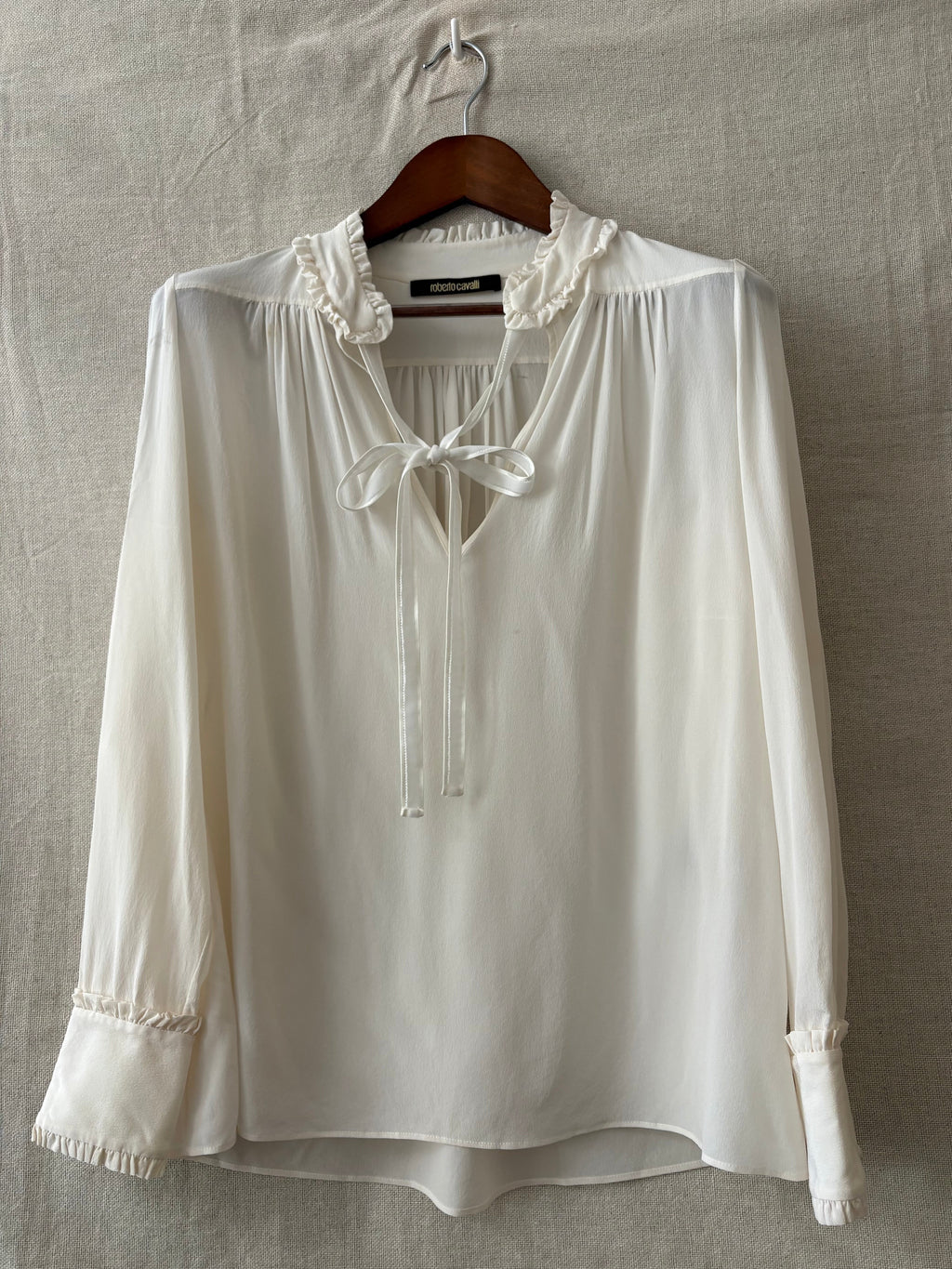 Roberto Cavalli Ivory Silk Ruffle-Trim Blouse