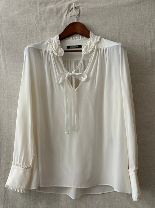 Roberto Cavalli Ivory Silk Ruffle-Trim Blouse