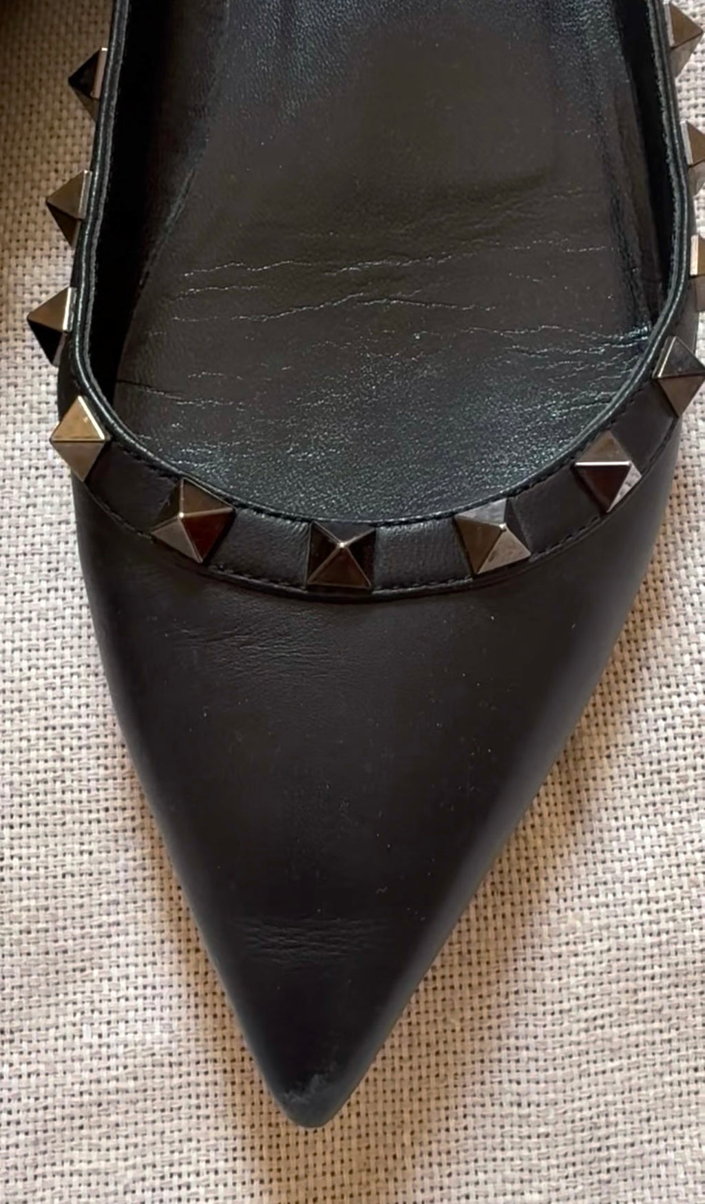 Valentino Black Leather Rockstud Pointed-Toe Flats
