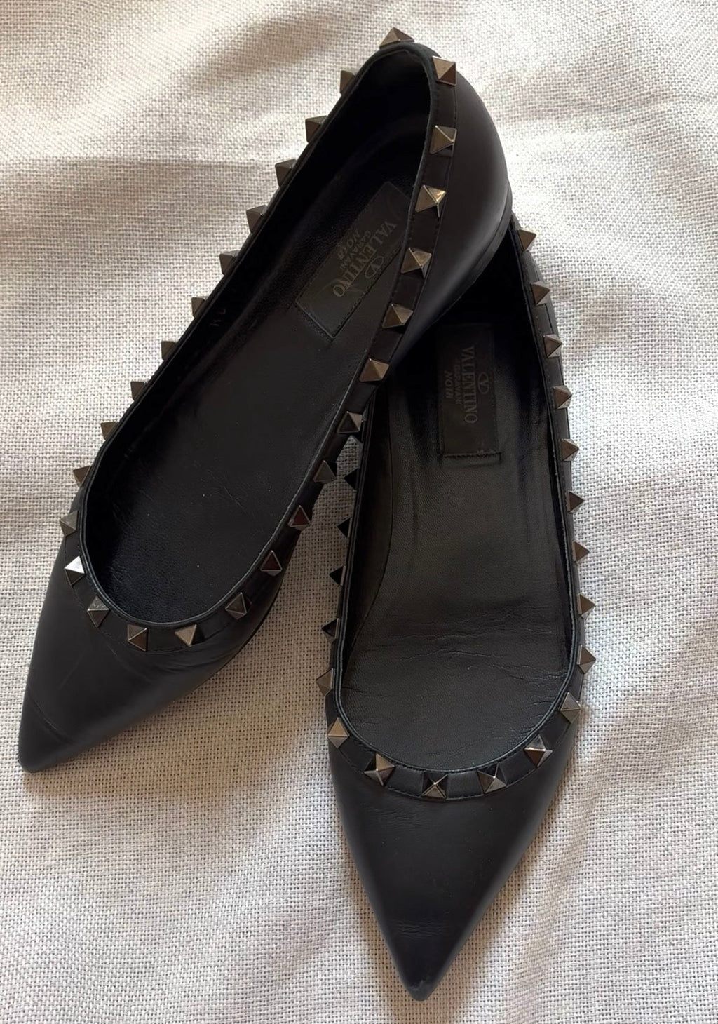 Valentino Black Leather Rockstud Pointed-Toe Flats