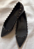 Valentino Black Leather Rockstud Pointed-Toe Flats