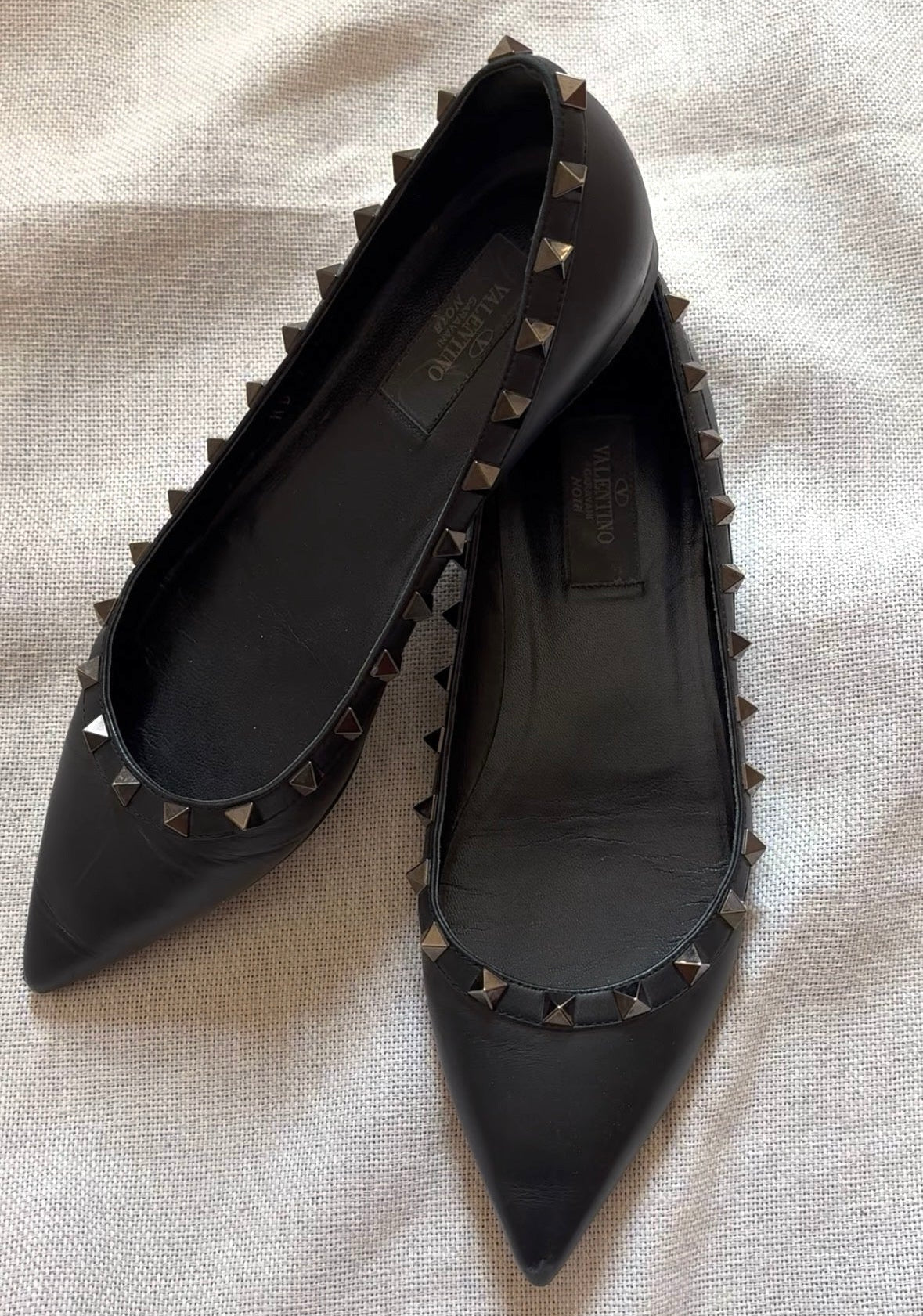 Valentino Black Leather Rockstud Pointed-Toe Flats